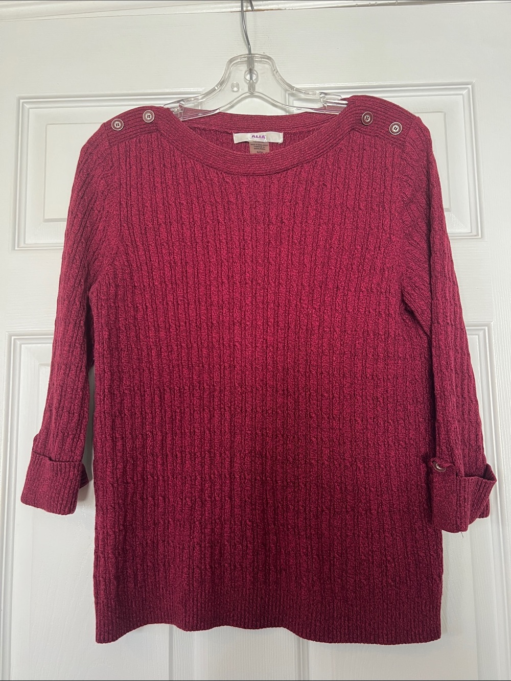 Alia Deep Raspberry Cable Knit Button-Shoulder Sweater